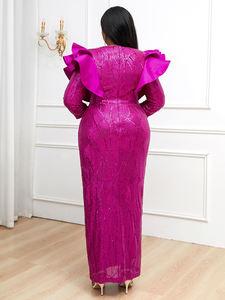 가을 하이 웨이스트 자홍색 맥시 프릴 레이디 글리터 스팽글 칵테일 원피스 - Product Image 3