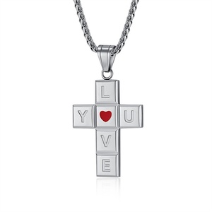 Collar al por mayor con colgante de corazón de amor de expresión abierta con gota de aceite, cadena cubana larga y cruz de estilo rock brillante - Product Image 4