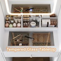 Coiffeuse Moderne Écologique et Durable avec 11 Tiroirs, 2 Meubles de Rangement, Étagère en Verre Réglable, Miroir, Tabouret et Plateau en Verre à Intensité Réglable