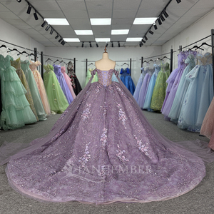 Robes de Quinceañera en dentelle brillante lavande, robe de bal, épaules dénudées, fleurs faites à la main, fête des <span class=keywords><strong>15</strong></span> ans, Dy6839 - Product Image 6