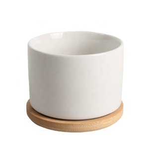Pot de fleurs en céramique <span class=keywords><strong>rond</strong></span> blanc de grande taille pour plantes d'intérieur, décoration de bureau, avec plateau en bois - Product Image 5