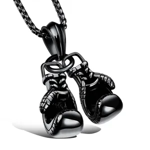Factory Sale Punk Stainless Steel Gym Fitness Necklace Men's Black Gold Silver Boxing Gloves Pendant Necklaces for Teen Boys