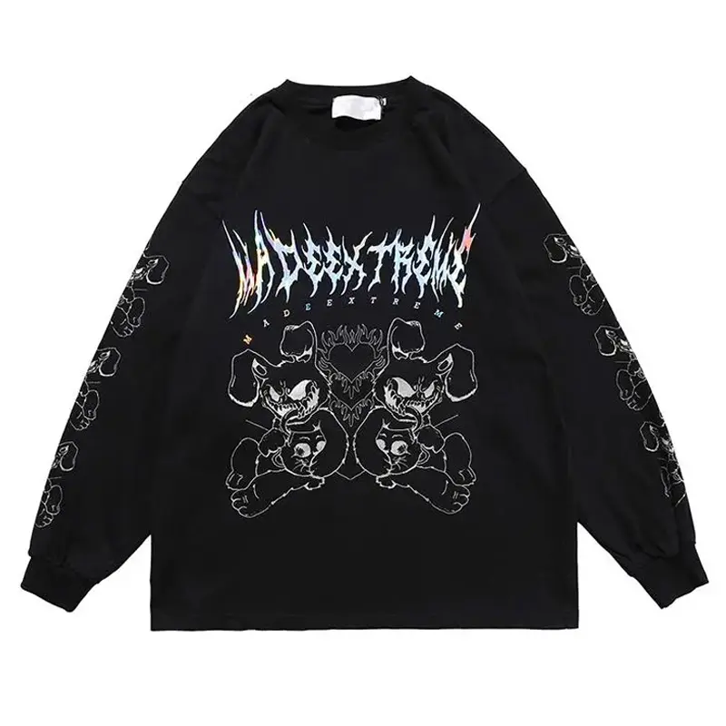 T-Shirt manches longues unisexe, Streetwear surdimensionné, avec personnage imprimé de monstre, Hip Hop, Harajuku, en coton noir