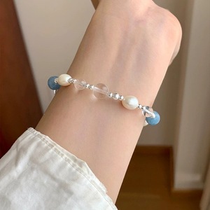 S925 Sterling Silver Aquamarine Pearl Crystal <b>Bracelet</b> For Women Everyday Wear Jewelry Accessory - Product Image 2