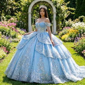 Vestido de Novia de Lujo Moderno Xs280 con Apliques de Cuentas y Brillo Azul, Estilo Princesa, Personalizado, con Escote Corazón - Product Image 1