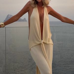 Robe longue élégante et simple de couleur unie, style licou, nouvelle collection printemps, moderne, de haute qualité, pour soirées décontractées, vente en gros personnalisée - Product Image 2