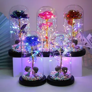 New Arrival Enchanted Golden Rose Cartoon Dolls Led Lamp 24k Gold Foil Rose In Glass With Lights For Valentine Gifts