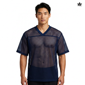 Camiseta deportiva de malla azul marino para hombre, con cuello en V, manga corta, transpirable, ligera, de secado rápido, para entrenamiento deportivo - Product Image 1