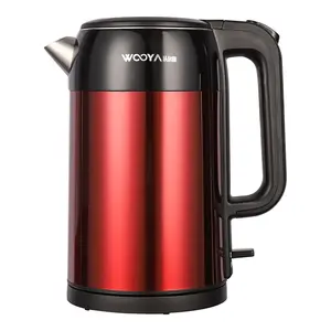 复古风格1.7L 1500W红色金属水壶，外部闪亮钢冲泡热茶和咖啡