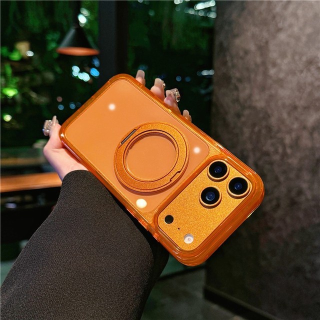 Phone Accessories 360 Rotating Bracket Transparent Magnetic Back Cover for iPhone 17 Pro Max case Orange Kickstand Phone Holder