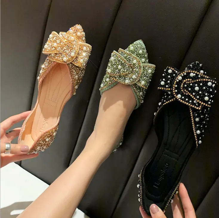 new arrival shallow luxury pointed toe bow rhinestone flat women shoes
