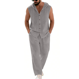 Ensemble d'été décontracté pour <span class=keywords><strong>homme</strong></span> en fibre <span class=keywords><strong>de</strong></span> bambou, coupe ample, uni, avec chemise sans manches à capuche ornée <span class=keywords><strong>de</strong></span> strass et pantalon droit, pour les vacances - Product Image 5