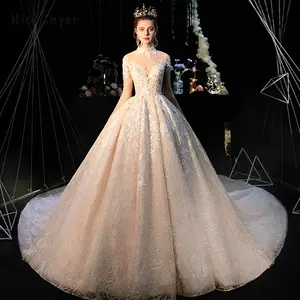 Robe De Mariee Princesse De Luxe High Neck Full Sleeve Beading Pearls Appliques Lace Luxury Ball Gown Wedding Dresses