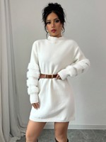 Robe pull mini en maille douce pour femme, col montant, manches longues, bordure en fausse fourrure, coupe ample, élégante, personnalisable OEM ODM, vente en gros, directement de l'usine