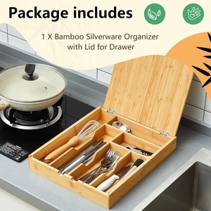 Caja de Cubiertos de Bambú Rectangular con Tapa, Cajón Compartimentado, Organizador de Utensilios de Cocina de Madera Maciza, Tipo Vertical - Product Image 3