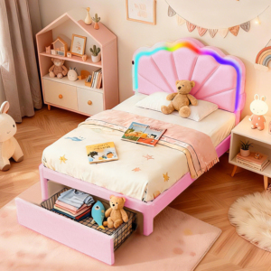 Letto singolo imbottito Pink Shell Princess con testiera a LED RGB a cambio colore, cassetto contenitore e caricatore USB Type-C - Product Image 2