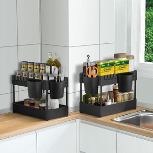 Undersink Organizer untuk kamar mandi & dapur rak penyimpanan Pull-out dengan bantalan anti-selip & kait 2 tingkat multifungsi kantor - Product Image 2