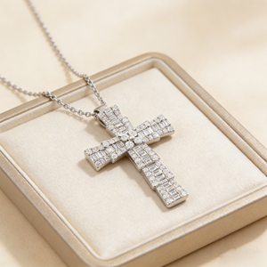 CUSTOM SILVER 10K/14K/18K GOLD PLATED LAB GROWN CVD DIAMOND CLASSIC ENGAGEMENT GIFT SWEATER <b>CHAIN</b> NECKLACE <b>CROSS</b> PENDANT VS - Product Image 4