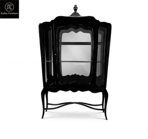 Bocadolobo Palace <strong>Display</strong> <strong>Case</strong> Glossy Black Solid Wood Tall <strong>Wine</strong> Cabinet Artistic Sideboard Dining Room Set Wall Furniture - Product Image 1