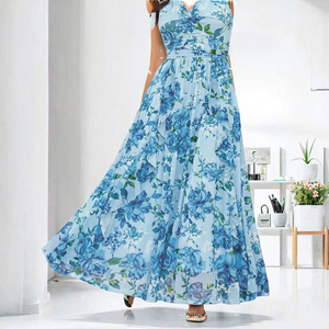 Vestido Maxi de Verano para Mujer, Cuello en V, Estampado Floral, Cintura Alta, Estilo Informal, para Vacaciones en la Playa, Disponible en Stock, Venta al Por Mayor - Product Image 3