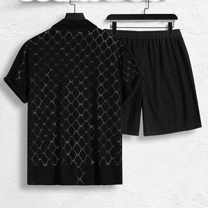 Ensemble chemise à manches courtes pour homme, style décontracté, en polyester respirant, tricoté jacquard, couleur unie, motif floral brûlé sur le devant - Product Image 2