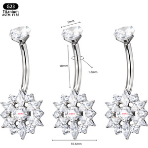 Anneau de nombril en titane G23, forme de fleur, 1,6 mm, 10 mm, bijoux de piercing avec zircon - Product Image 1