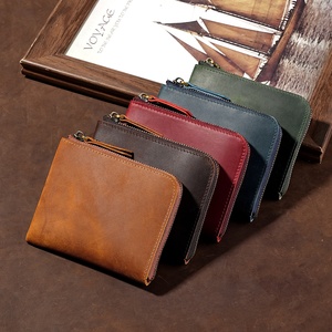 Porte-monnaie miniature en cuir véritable vintage avec fermeture éclair, logo personnalisé, cuir Crazy Horse pour homme et femme, porte-cartes de crédit - Product Image 1