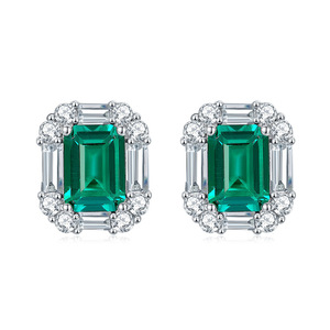 Aretes de Botón de Esmeralda Colombiana de Laboratorio con Diamantes, Joyería en Plata de Ley 925 con Esmeralda Verde de Novedad - Product Image 1