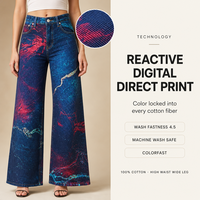 Jean taille haute à jambe large pour femme, imprimé marbré rouge cramoisi et cyan électrique, en denim, OEM