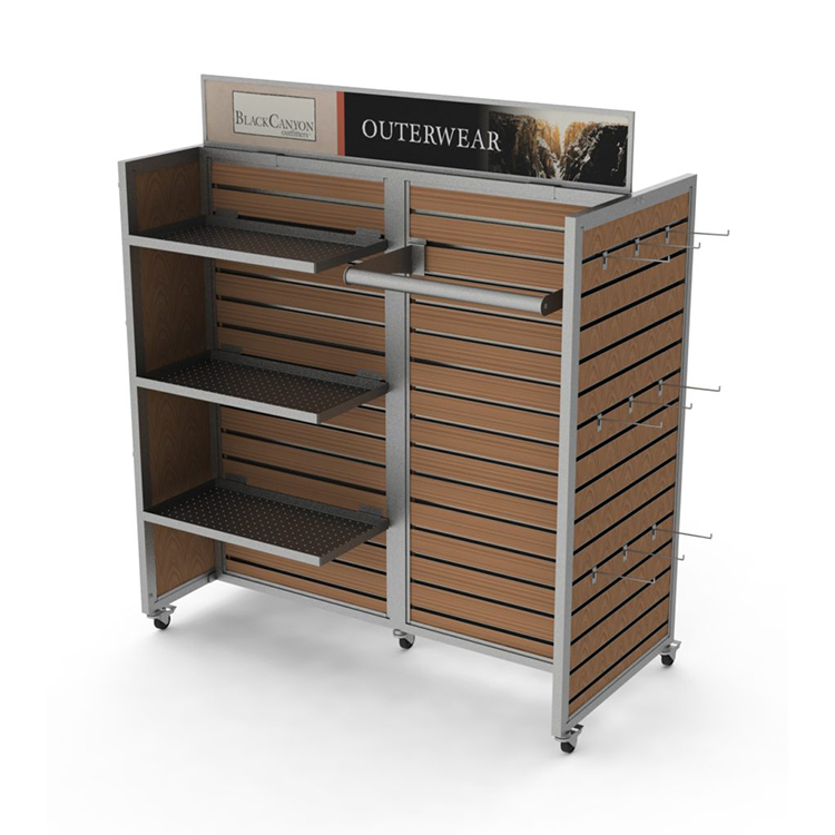 Outdoor Jacket Clothing Display Stand 2-Tier Shelves Floor Standing Metal Wood Easy Assembly Carton Packed for Fashion Stores — view 3