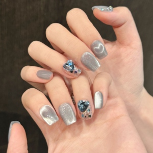 Diseño # 2871 # 2873 # 2875 <span class=keywords><strong>Uñas</strong></span> Postizas de Lujo con Purpurina Ojo de Gato <span class=keywords><strong>Azul</strong></span>, 10 Piezas, Hechas a Mano con Pedrería, Venta al por Mayor - Product Image 2