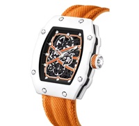 Montre mécanique automatique de luxe ajourée, boîtier tonneau, bracelet en nylon, montre-bracelet habillée pour homme