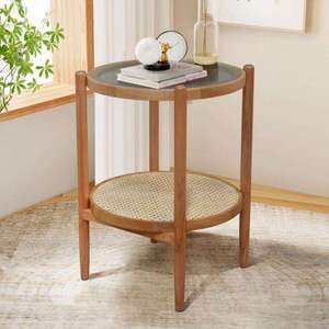 Contemporary Rattan Two-Tier <b>Side</b> <b>Table</b> - Artisanal Handcrafted Design with Tempered <b>Glass</b> Top, Minimalist Bedroom or Living - Product Image 4