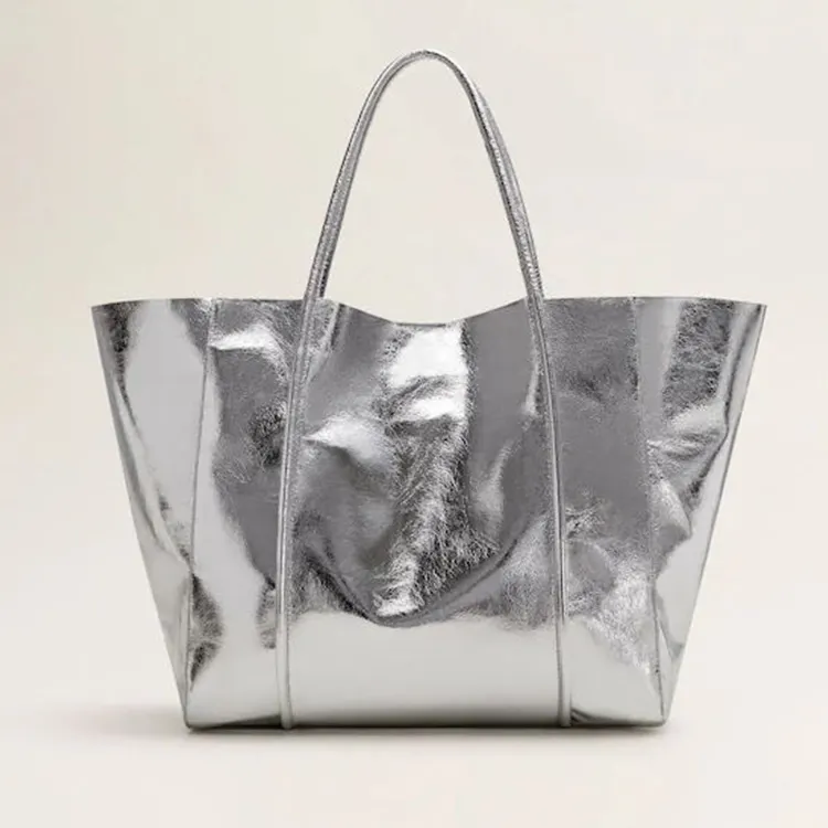 Özel Logo çanta moda metalik gümüş Pu Vegan deri kadın Tote omuz el çantası bayan alışveriş çantası
