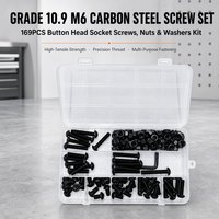 Kit d'assortiment de 169 pièces de vis à tête bombée hexagonale M6, écrous et rondelles, en acier au carbone de grade 10.9, finition oxyde noir, jeu de boulons métriques
