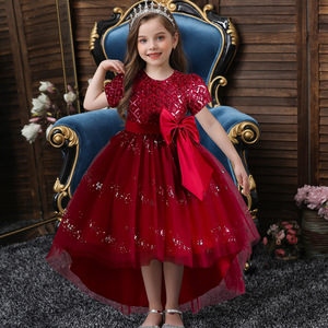 Princess Dress For Girls Wine <b>Red</b> Sequined Tutu O-Neck Flower Girl Dress With <b>Bow</b> Performance Costume - Product Image 1