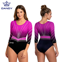 Justaucorps de gymnastique ombré violet, rose et noir à manches trois-quarts avec strass, logo de marque personnalisé, en spandex extensible
