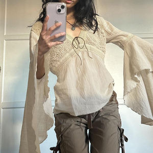 Hot Girl Vintage <b>V</b>-<b>Neck</b> Contrast-Colored Straps Bust Flared Sleeves Loose Knitted Mesh Bohemian Style Back Lace-Up <b>T</b>-<b>Shirt</b> Top - Product Image 5