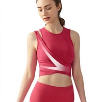 Raitis BR011 Débardeur de yoga côtelé respirant coupe ajustée patchwork printemps/été avec bonnets intégrés sans manches couleur unie pour femme