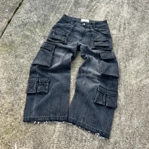 Calça jeans folgada de algodão para homens, calça jeans folgada com pernas largas e mangas, roupa vintage personalizada do fabricante