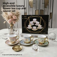 Ensemble tasse et soucoupe en céramique florale plaquée or de style européen, 90 ml, en porcelaine de qualité supérieure, pour café, thé, idéal pour le thé de l'après-midi ou comme cadeau.