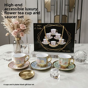 Juego de Tazas <span class=keywords><strong>y</strong></span> Platos de Cerámica con Diseño Floral, Chapado en Oro Europeo, 90 ml, Porcelana Premium, para <span class=keywords><strong>Café</strong></span>, Té, Regalo para la Hora del Té - Product Image 2