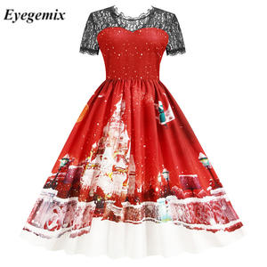 Abito da donna a maniche corte in pizzo con fiocco di neve stampa a vita alta elegante 1950s Vintage inverno <span class=keywords><strong>vestiti</strong></span> da festa di natale - Product Image 2