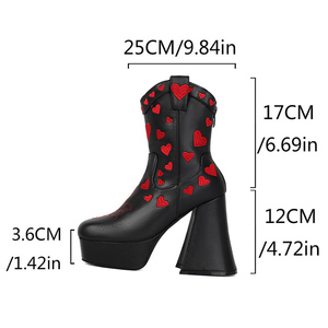 Botines de tacón grueso para mujer con bordado de corazón, punta cuadrada, cremallera trasera y plataforma alta - Product Image 6