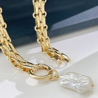 Collier statement en acier inoxydable massif avec plaqué or 18 carats, chaîne à maillons imitation perle, pendentif