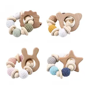 Let's Make 1PC Wooden Teether Hedgehog Crochet Beads Wood Crafts Ring Engraved Bead Baby Teether Wooden Toys For Baby Rattle