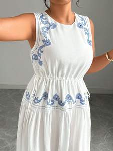 Vestido Maxi Informal de Otoño Invierno, Nuevo y Elegante, 100% Algodón Tejido, para Mujer, Cuello Redondo, Blanco, Sexy, Manga Corta, para Fiesta - Product Image 2