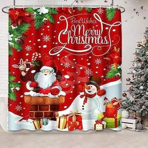 4 pièces joyeux noël bonhomme de neige rouge ensemble rideau de douche antidérapant avec tapis de bain et couvercle de toilette accessoires de salle de bain - Product Image 4