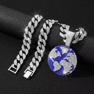 Hip Hop Planet Earth Pendant <b>Cuban</b> Necklace Men's Personality Eco-friendly Jewelry - Product Image 2