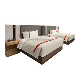 Budget Hotel Twin Bedroom Set 2 Single Wooden Beds Frame with <b>Panel</b> <b>Headboard</b> Nightstand Express Inn Economy Hotel Furniture - Product Image 6